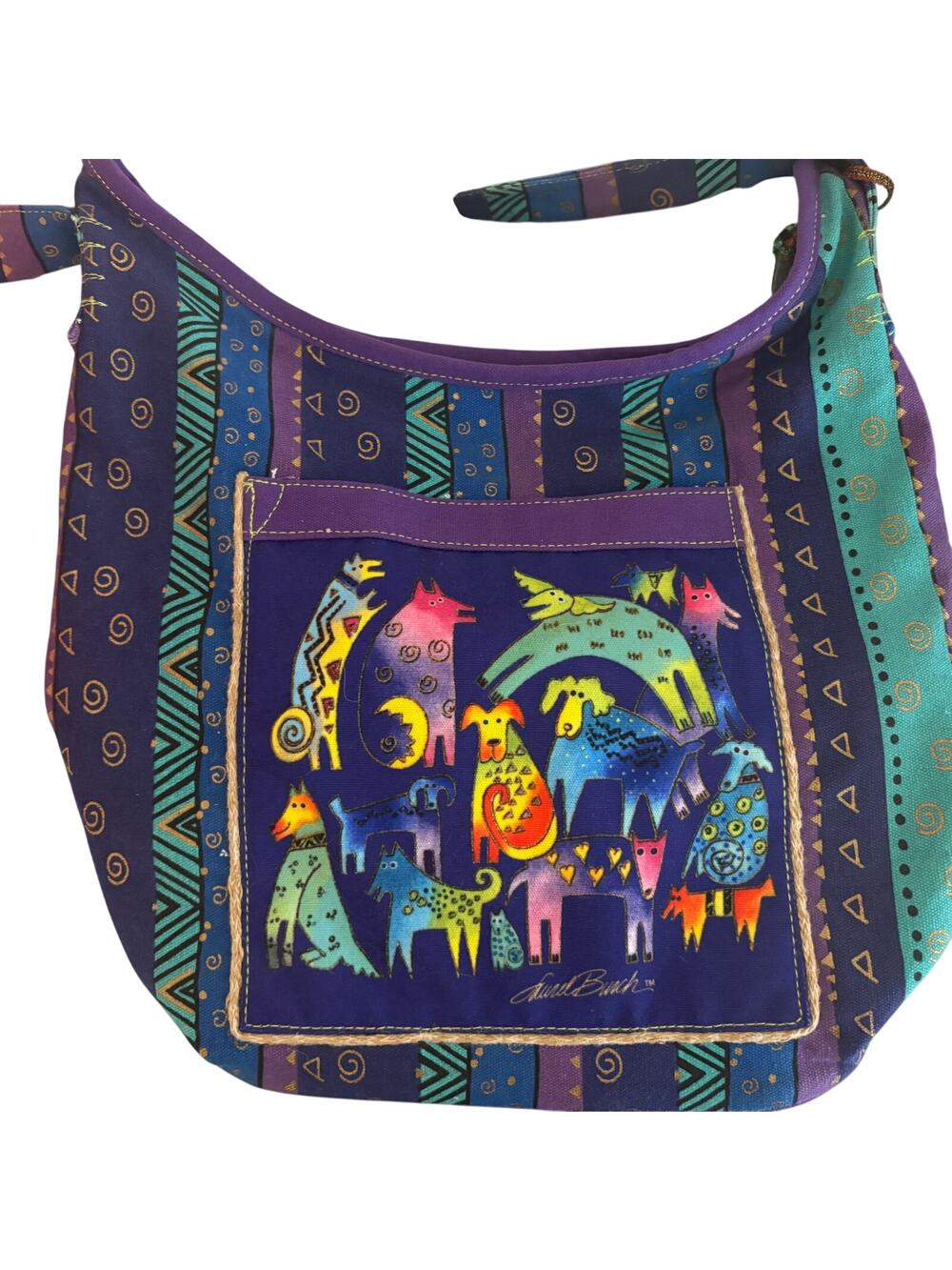 Vintage 80's Laurel Burch Iconic Dog Print Hobo Handbag Tote Shoulder Bag Boho